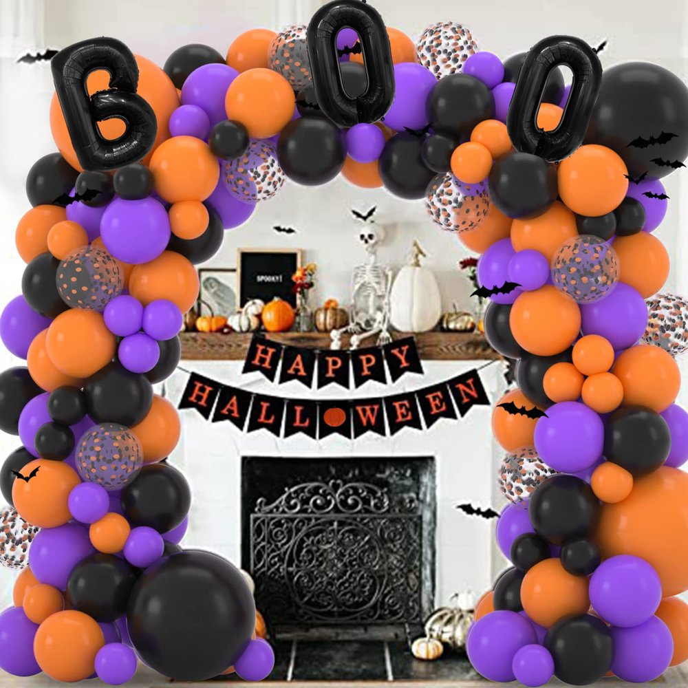 Janinus Halloween Balloon Garland Kit 132PCS Black Orange Purple Confetti halloween Balloons Arch Party Decorations With 3D PVC Bats, Letter Foil Balloons,Happy Halloween Banner