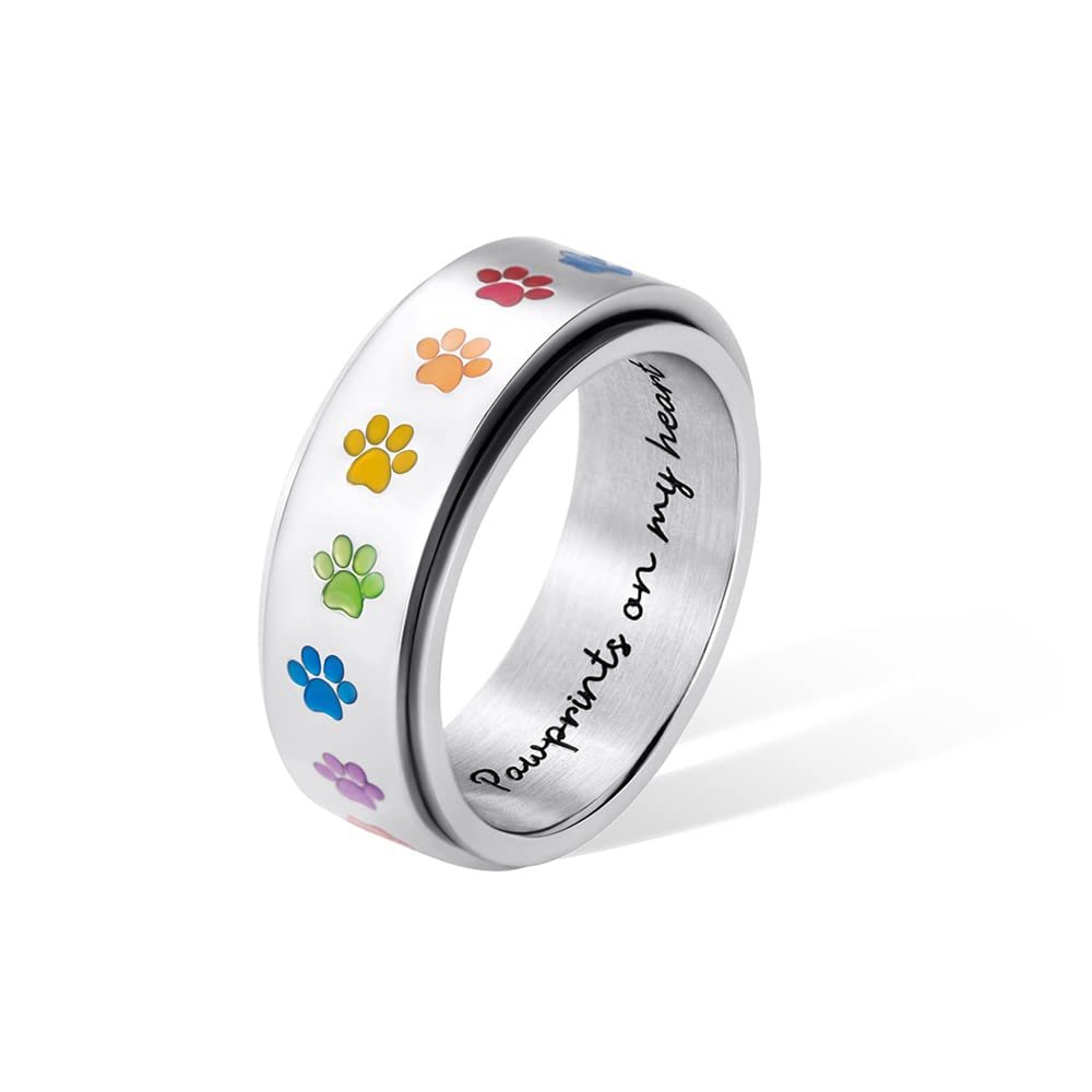AILIN Custom Anxiety Rings Fidget Rings for Women Men Rainbow Stainless Steel Personalized Engraved Stress Relief Spinner Rings for Pet Paw Print Band Rings