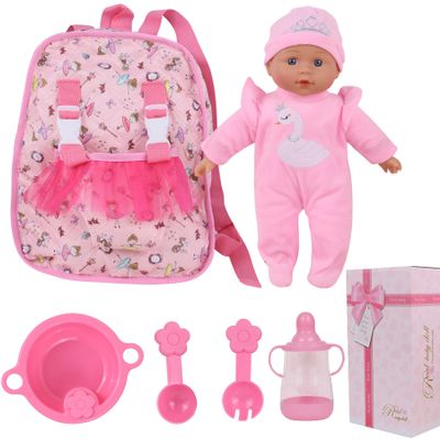 haveahug 13" Soft Baby Doll with Take Along Pink Doll Backpack Carrier, 6 Piece Play Set with Bottle & Accessories(Pink)