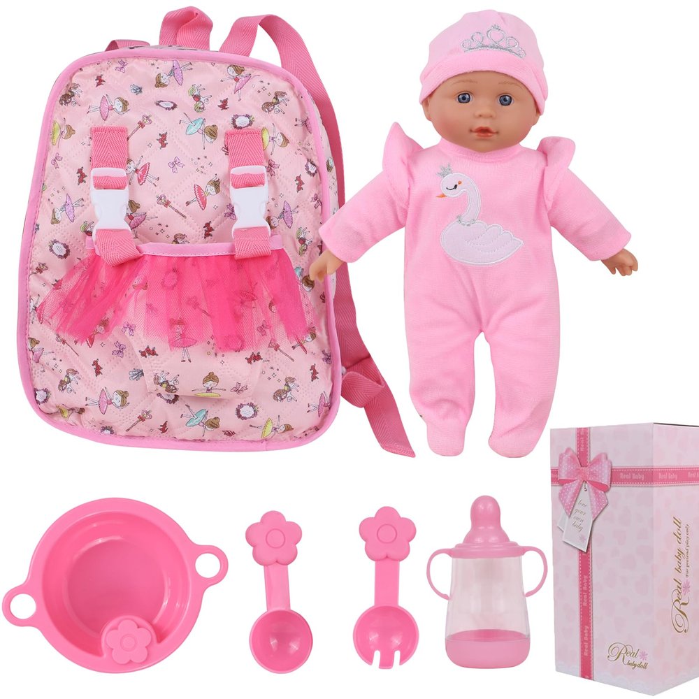 haveahug 13" Soft Baby Doll with Take Along Pink Doll Backpack Carrier, 6 Piece Play Set with Bottle & Accessories(Pink)