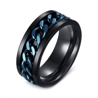 KnBoB Spin Rings for Anxiety Women, Fidget Spinning Rings for Anxiety Customizable Size 12 8MM Black Blue with Chain and Spinner Ring