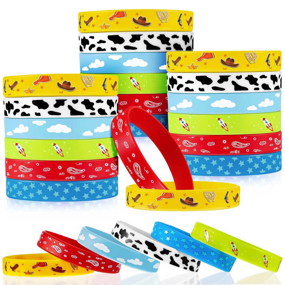 Deekin 36 Pcs Western Party Bracelets for Boy and Girl Cow Pattern Printed Rubber Bracelets Cartoon Story Themed Silicone Stretch Wristbands Blue Sky White Cloud Birthday Party Favor for Boy Girl