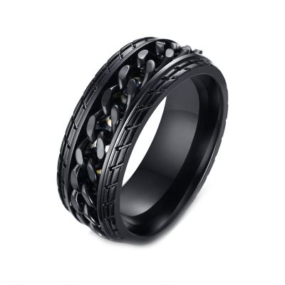 KnBoB Spin Rings for Anxiety Women, Fidget Spinning Rings for Anxiety Engraved Size 12 8MM Black with Chain Link and Spinner Ring