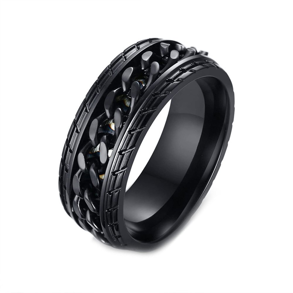 KnBoB Spin Rings for Anxiety Women, Fidget Spinning Rings for Anxiety Engraved Size 12 8MM Black with Chain Link and Spinner Ring