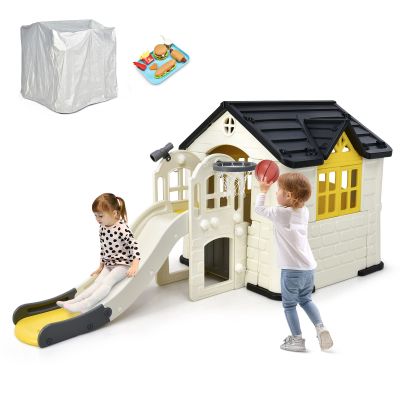 Costzon Kids Playhouse and Slide Set, 7 in 1 Outdoor Cottage Pretend Playhouse with Working Doors and Windows, Picnic Table, Toy Set & Tray, Waterproof Cover, Indoor Playground Set for Kids (Yellow)