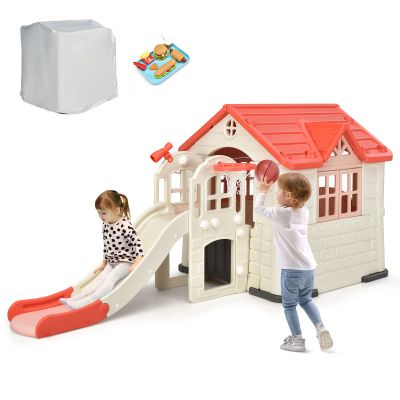 Costzon Kids Playhouse and Slide Set, 7 in 1 Outdoor Cottage Pretend Playhouse with Working Doors and Windows, Picnic Table, Toy Set & Tray, Waterproof Cover, Indoor Playground Set for Kids (Pink)