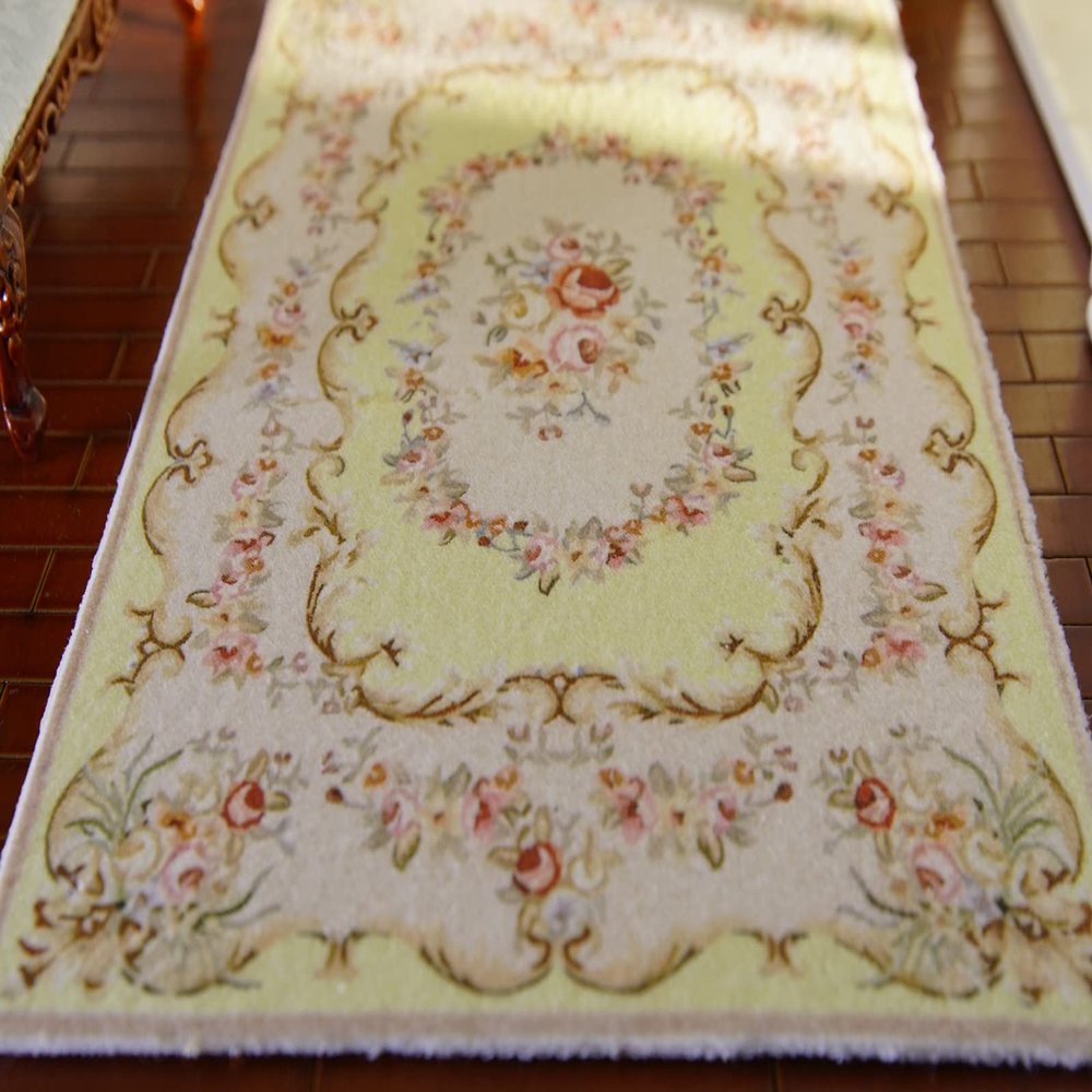 1?12 Scale Victorian Era Gold Ivory Aubusson Design Miniature Rug Red Pink Roses