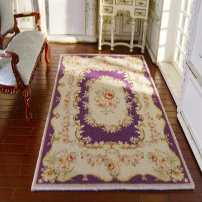 1/12 Scale Victorian Purple Ivory Aubusson Design Miniature Rug Red Pink Rose
