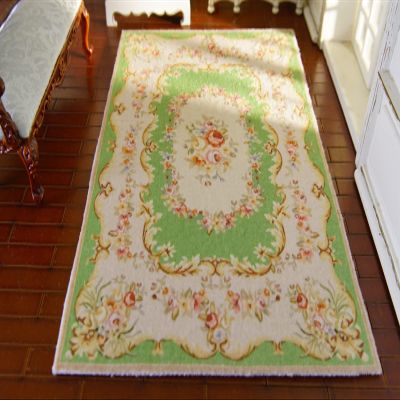 1?12 Scale Victorian Era Green Ivory Aubusson Design Miniature Rug Red Pink Rose