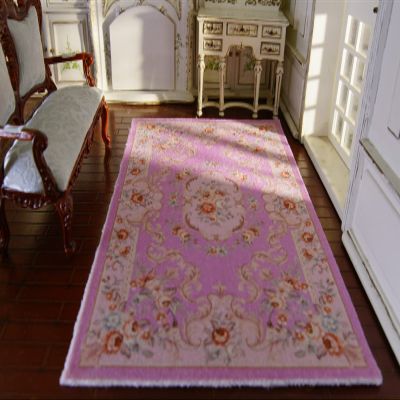 1/12 Scale Victorian Purple Aubusson Design Miniature Rug French Swilrs Roses