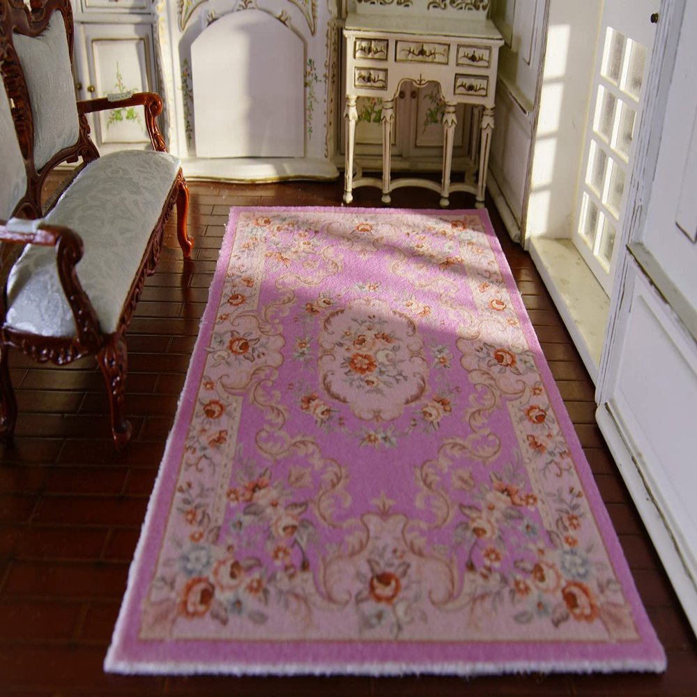 1/12 Scale Victorian Purple Aubusson Design Miniature Rug French Swilrs Roses