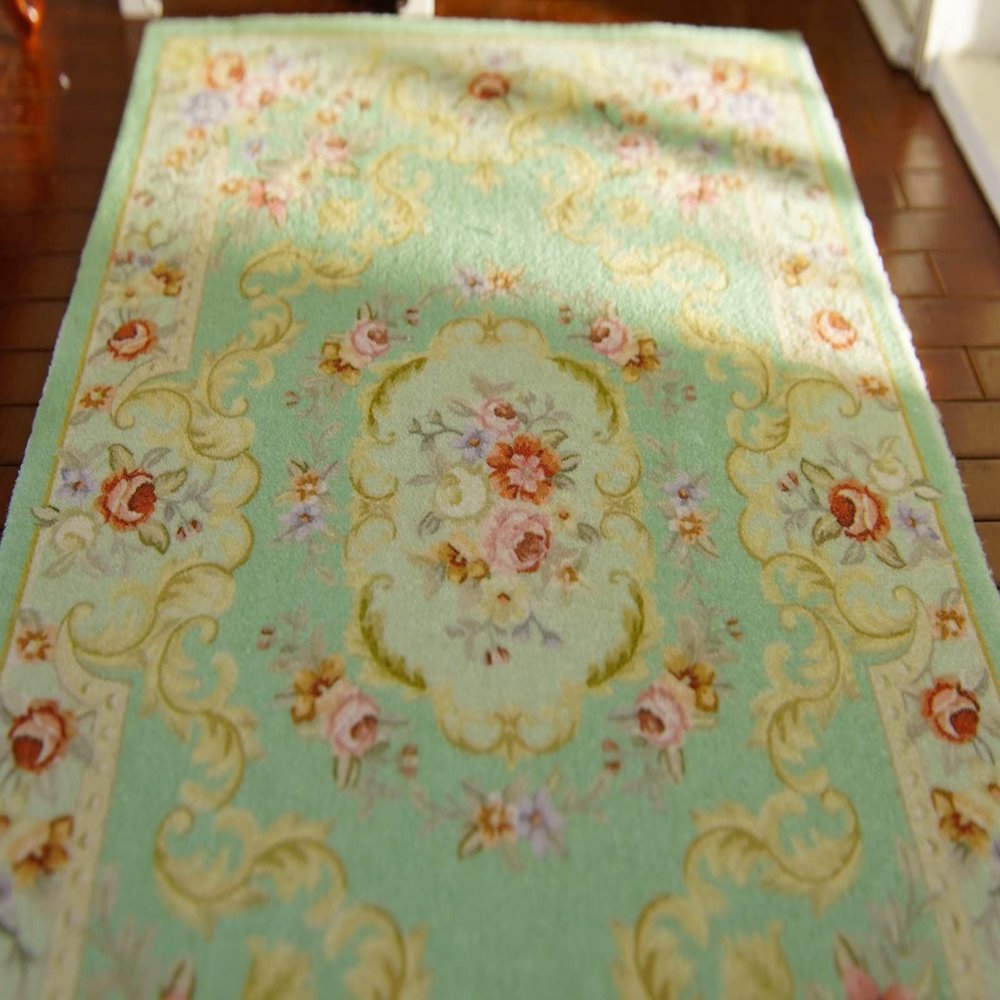 1/12 Scale Beautiful Green Aubusson Design Miniature Rug Victorian VTG. Swirls