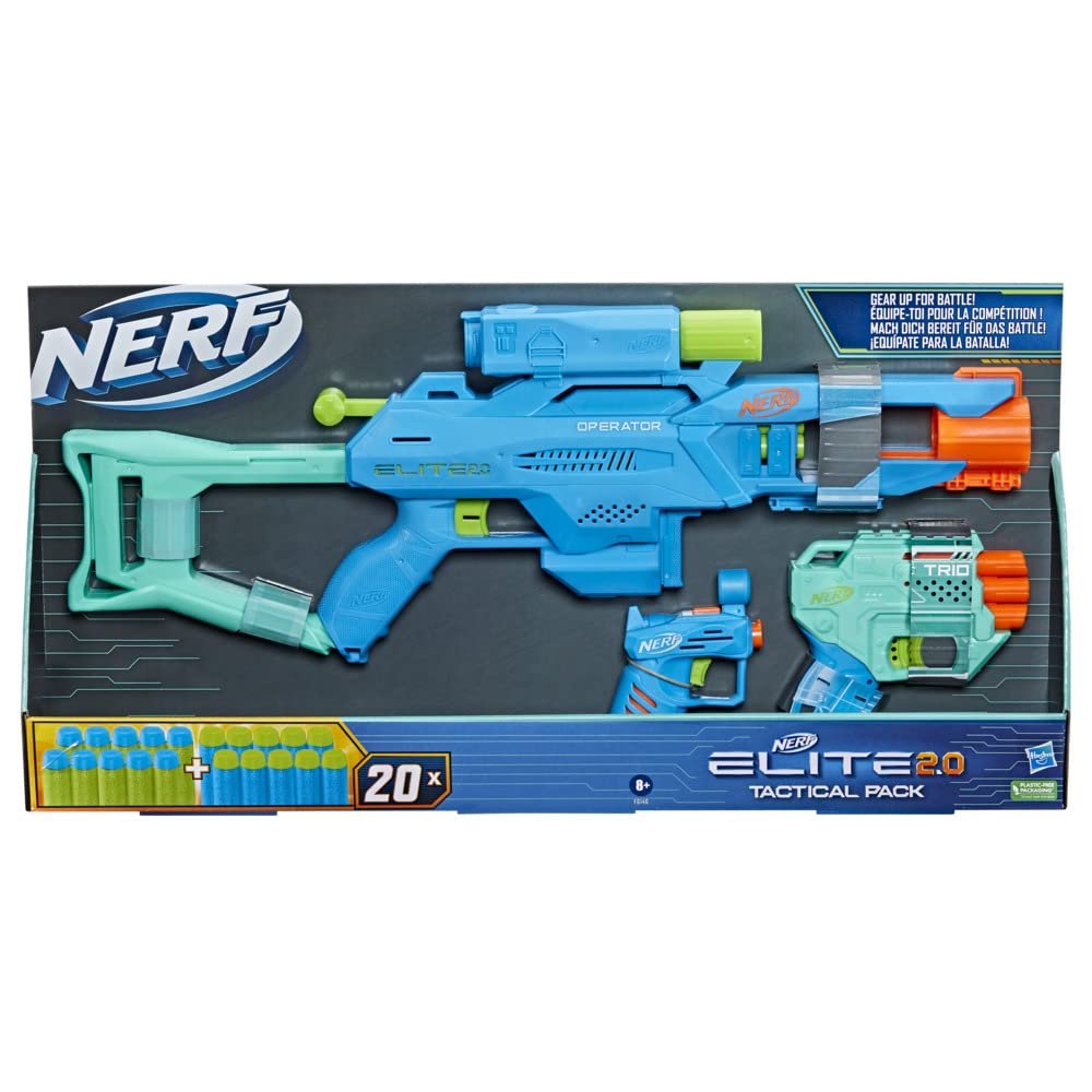 Nerf Elite 2.0 Tactical 3-Blaster Pack - Operator BD-2, Trio TD-3, Ace SD-1 Blasters & 20 Darts (Multicolor)