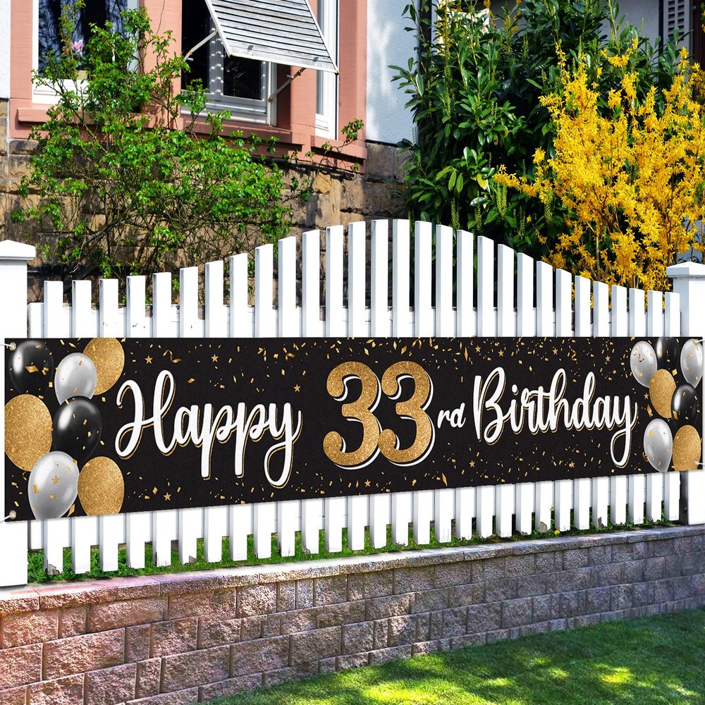Nelbiirth Happy 33rd Birthday Decorations,33rd Black & Gold Balloon Large Birthday Backdrop Banner Sign - Cheers to 33 Years Old Bday Party Supplies.