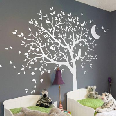 Large Tree Wall Decal Sticker with owl, Moon and Stars Nursery Mural Decoration 088 (Leaning Left, All White)