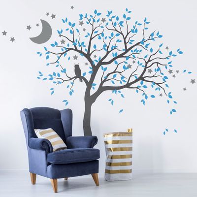 Large Tree Wall Decal Sticker with owl, Moon and Stars Nursery Mural Decoration 088 (Leaning Right, Dark Grey, Ice Blue, Middle Grey)