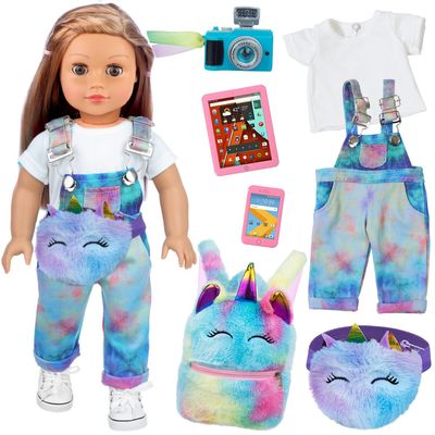 ZITA ELEMENT 7 Pcs American 18 Inch Doll Clothes and Accessories - 18 Inch Doll Clothes Set with Backpack, Waist Bag, Cell Phone, Tablet, Camera
