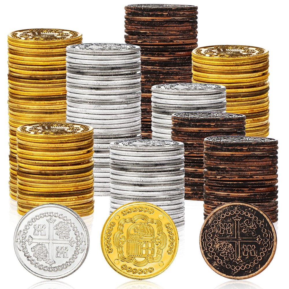 Charniol 300 Pcs Plastic Gold Coins Pirate Coins Kids Fake Play Coins Replica Spanish Doubloons for Pirate Party Treasure Chest Games Tokens Toys Cosplay Halloween, Gold, Silver, Bronze (Round)