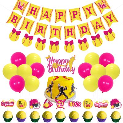 JOYMEMO Softball Birthday Decorations for Girls, Fast Pitch Happy Birthday Banner Cake Topper, Cupcake Toppers Pink and Yellow, Sports Fast ball Party Supplies