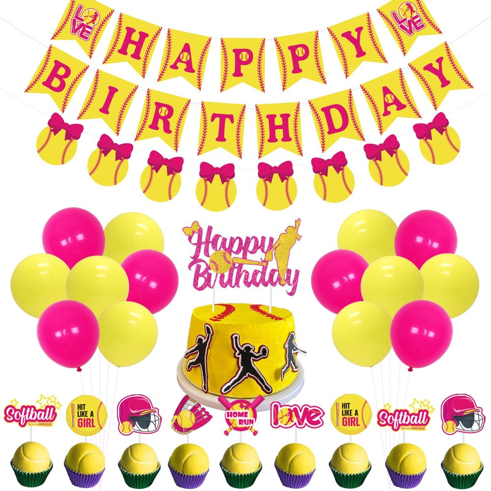JOYMEMO Softball Birthday Decorations for Girls, Fast Pitch Happy Birthday Banner Cake Topper, Cupcake Toppers Pink and Yellow, Sports Fast ball Party Supplies