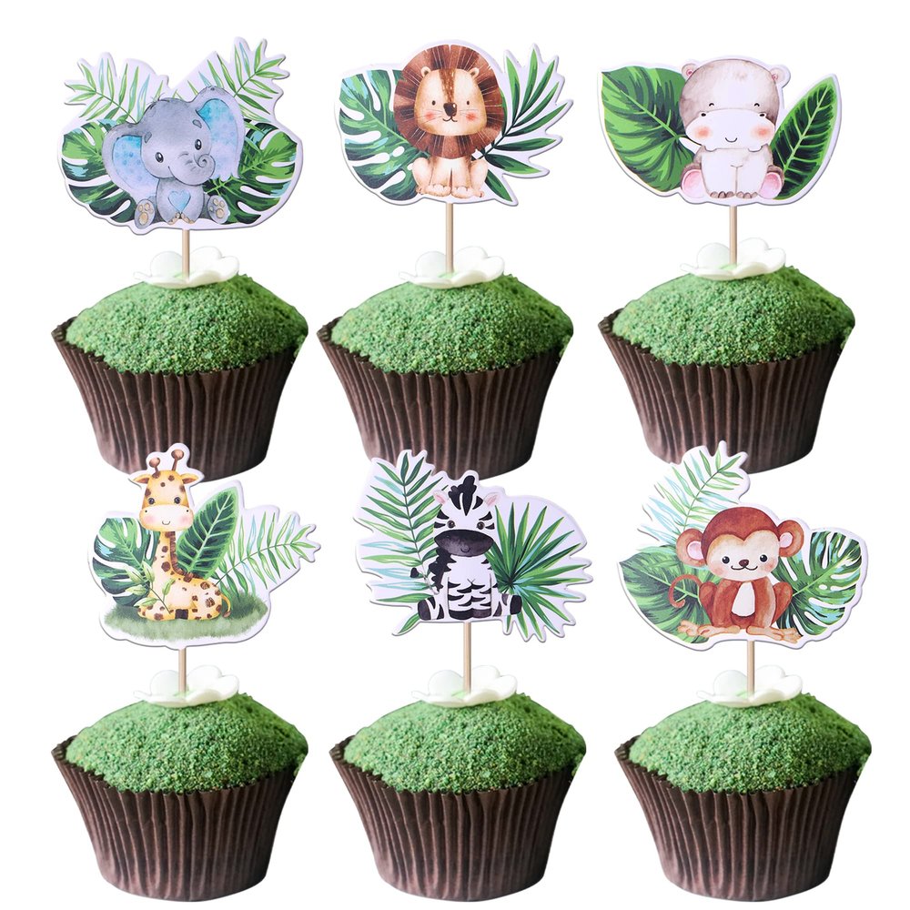 36 Pack Woodland Cupcake Toppers Wild One Tropical Leave Animals Cupcake Picks Jungle Safari Animal Cake Decorations Wild One Kids Birthday Baby Shower Theme Party Supplies Decor