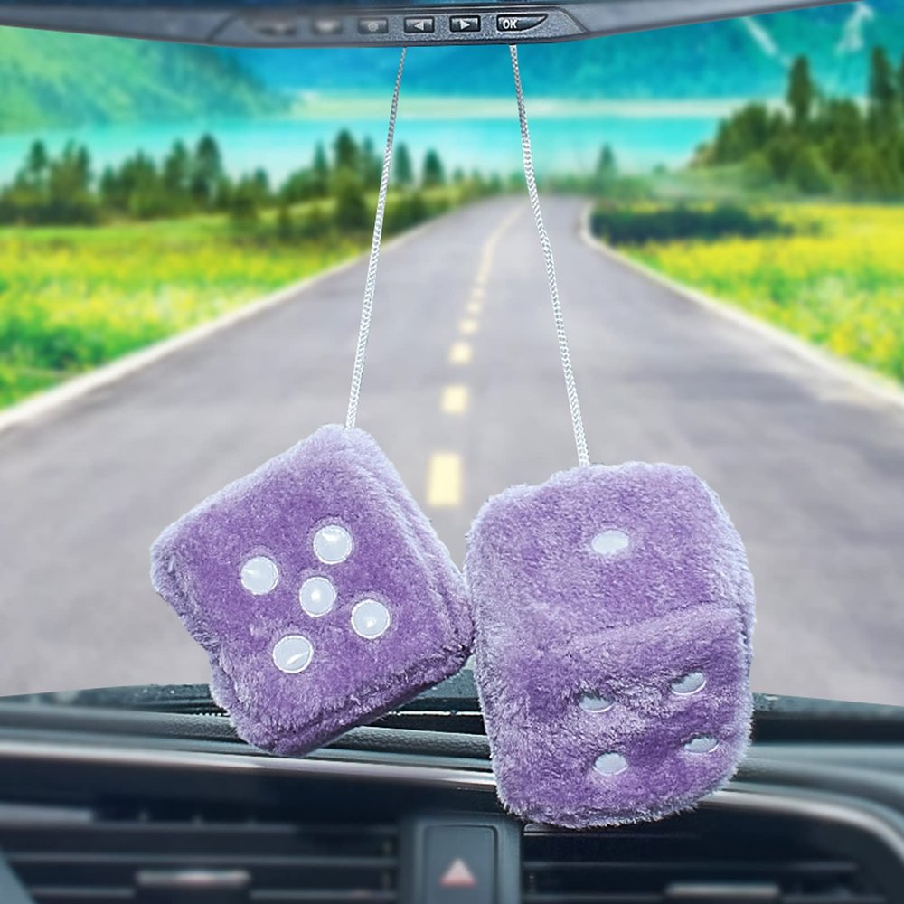 AuMoHall 2.95'' Retro Fuzzy Plush Dice Car Charm Square Plush Dice Car Rear View Mirror Hanging Ornament Car Mirror Hanging Accessories, Purple