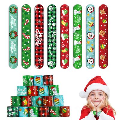 KIMOBER 48PCS Christmas Slap Bracelets,Assorted Snap Wristbands with Santa hats Snowmen Elk Xmas Socks for Kids Party Favors