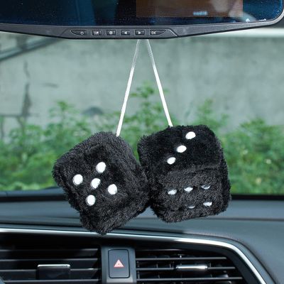 AuMoHall 2.95'' Retro Fuzzy Plush Dice Car Charm Square Rear View Mirror Hanging Ornament Accessories, Black