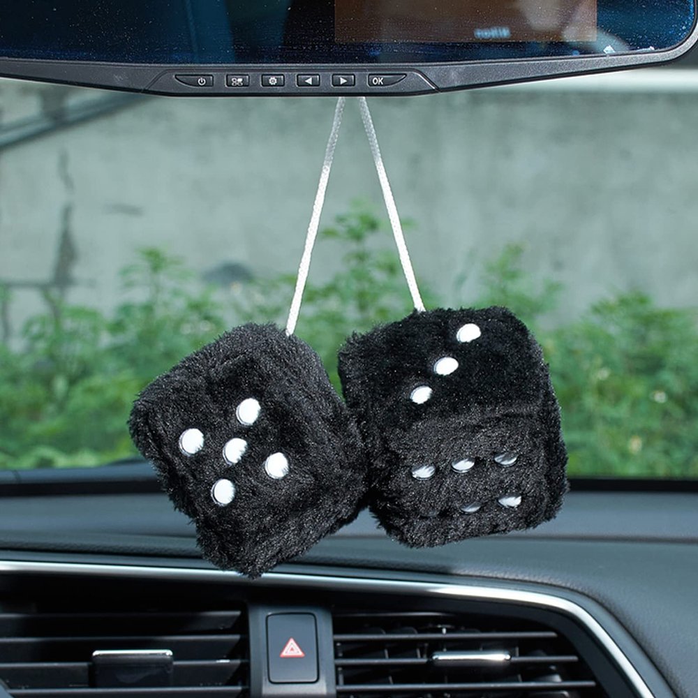 AuMoHall 2.95'' Retro Fuzzy Plush Dice Car Charm Square Rear View Mirror Hanging Ornament Accessories, Black