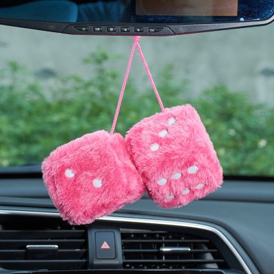 AuMoHall 2.95'' Retro Fuzzy Plush Dice Car Charm Square Rear View Mirror Hanging Ornament Accessories, Pink