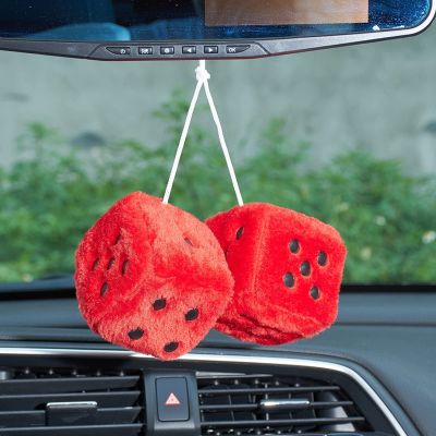 AuMoHall 2.95'' Retro Fuzzy Plush Dice Car Charm Square Rear View Mirror Hanging Ornament Accessories, Red