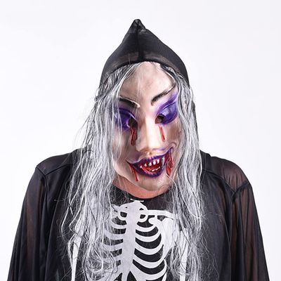 HAOZAIKEJI Halloween Scary Head Mask, Horror Animal Full Head Mask Death Witch Zombie Cosplay Costume Creepy Party Decoration Supplies (gray hair)