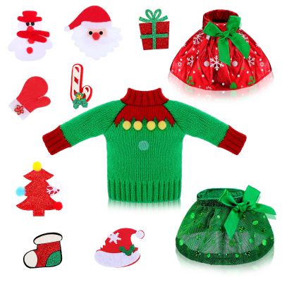 11 Pcs Christmas Doll Clothes Accessories Include Red Green Knitted Sweater Skirts Attachable Santa Snowman Gloves Socks Xmas Tree Decals Christmas Doll Outfit Dress Gift for Holiday Xmas