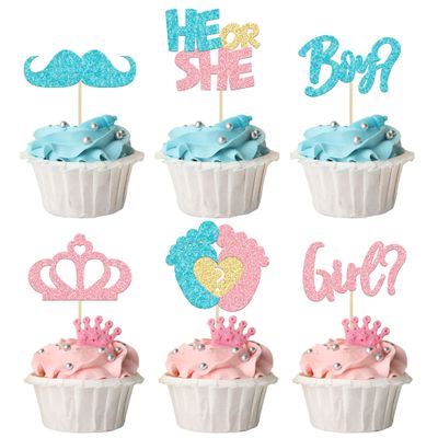 24Pcs Boy or Girl Cupcake Toppers Pink Blue Glitter Crown Moustache Baby Shower Cupcake Picks He or She Footprint Cake Topper Decorations for Gender Reveal Theme Baby Shower Kids Birthday Party