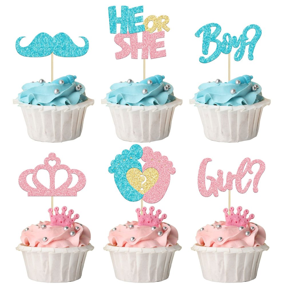 24Pcs Boy or Girl Cupcake Toppers Pink Blue Glitter Crown Moustache Baby Shower Cupcake Picks He or She Footprint Cake Topper Decorations for Gender Reveal Theme Baby Shower Kids Birthday Party