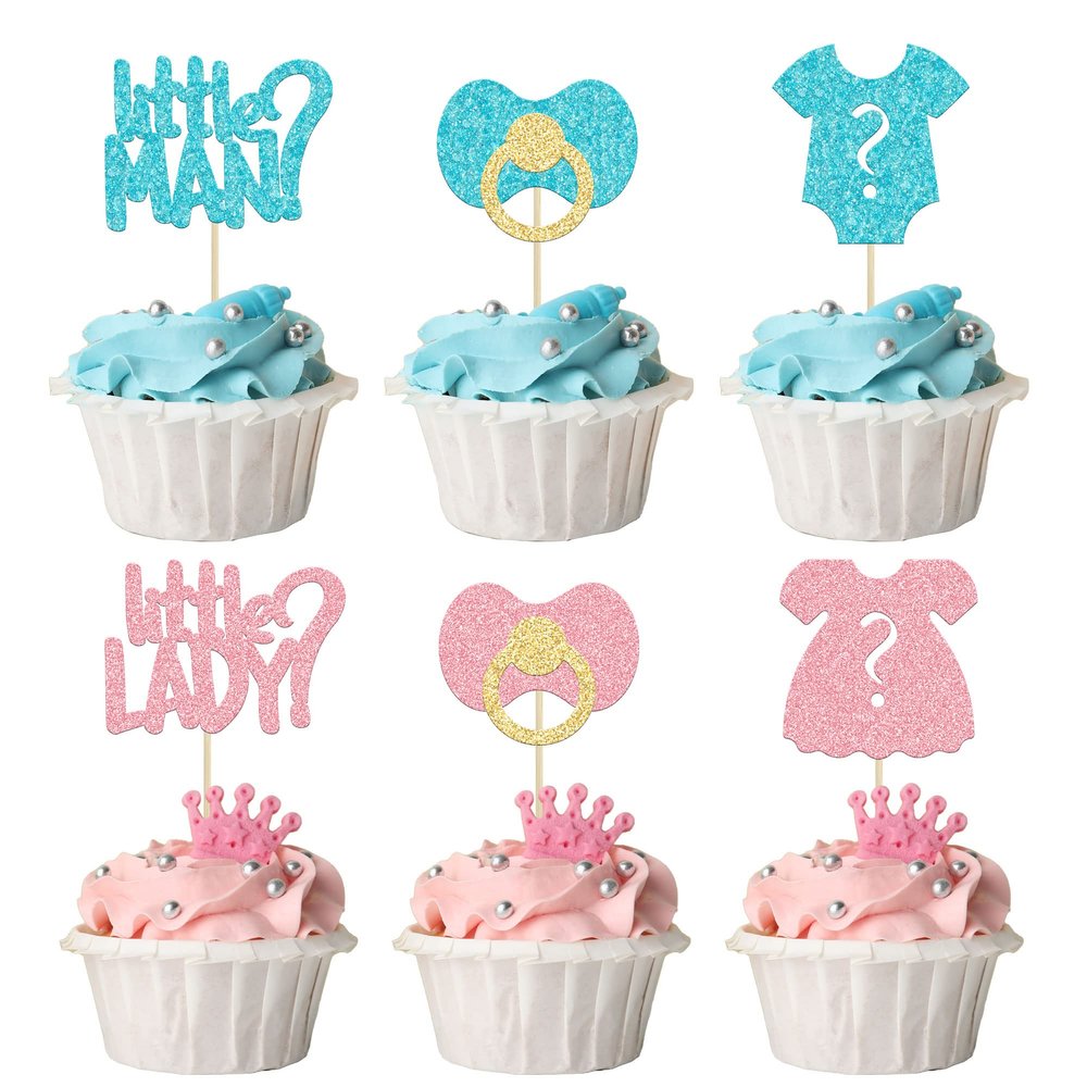 24Pcs Boy or Girl Cupcake Toppers Glitter Gender Reveal Onesie Question Mark Cupcake Picks Little Man or Little Lady Baby Shower Cake Decorations for Kids Birthday Gender Reveal Party Cake Decoration
