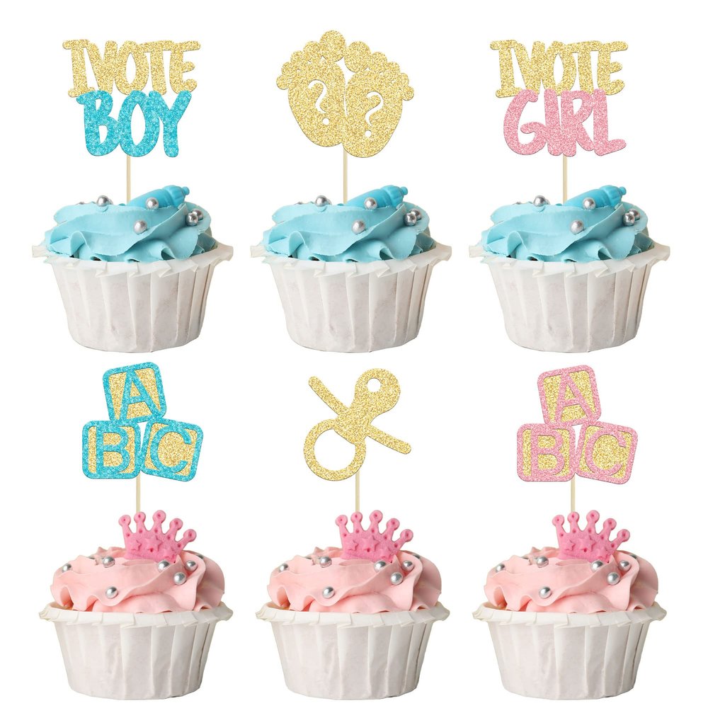 24Pcs Boy or Girl Cupcake Toppers Gender Reveal Cupcake Picks Glitter Baby Shower Cupcake Decorations Vote Boy or Girl Cake Decorations for Baby Shower Kids Birthday Theme Party Supplies