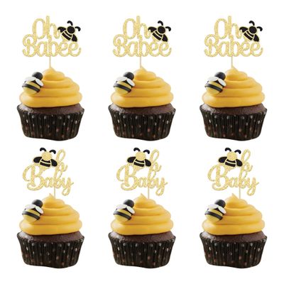 Gyufise 24Pcs Bumble Bee Cupcake Toppers Gold Glitter Babyshower Oh Baby Cake Toppers Oh Babee Cupcake Picks Bee Theme Baby Shower Gender Reveal Kids First Birthday Party Cake Decorations Supplies