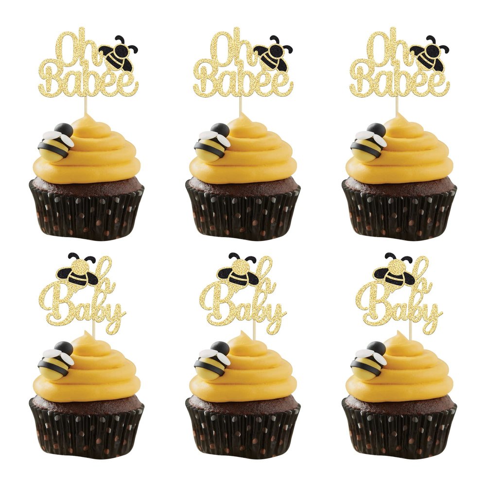 Gyufise 24Pcs Bumble Bee Cupcake Toppers Gold Glitter Babyshower Oh Baby Cake Toppers Oh Babee Cupcake Picks Bee Theme Baby Shower Gender Reveal Kids First Birthday Party Cake Decorations Supplies
