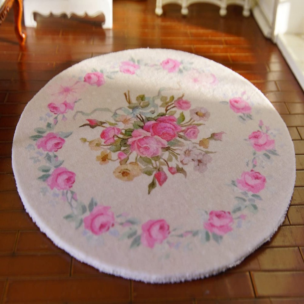 1?12 Scale Victorian Era Aubusson Design Round Miniature Rug Pink Rose Garland