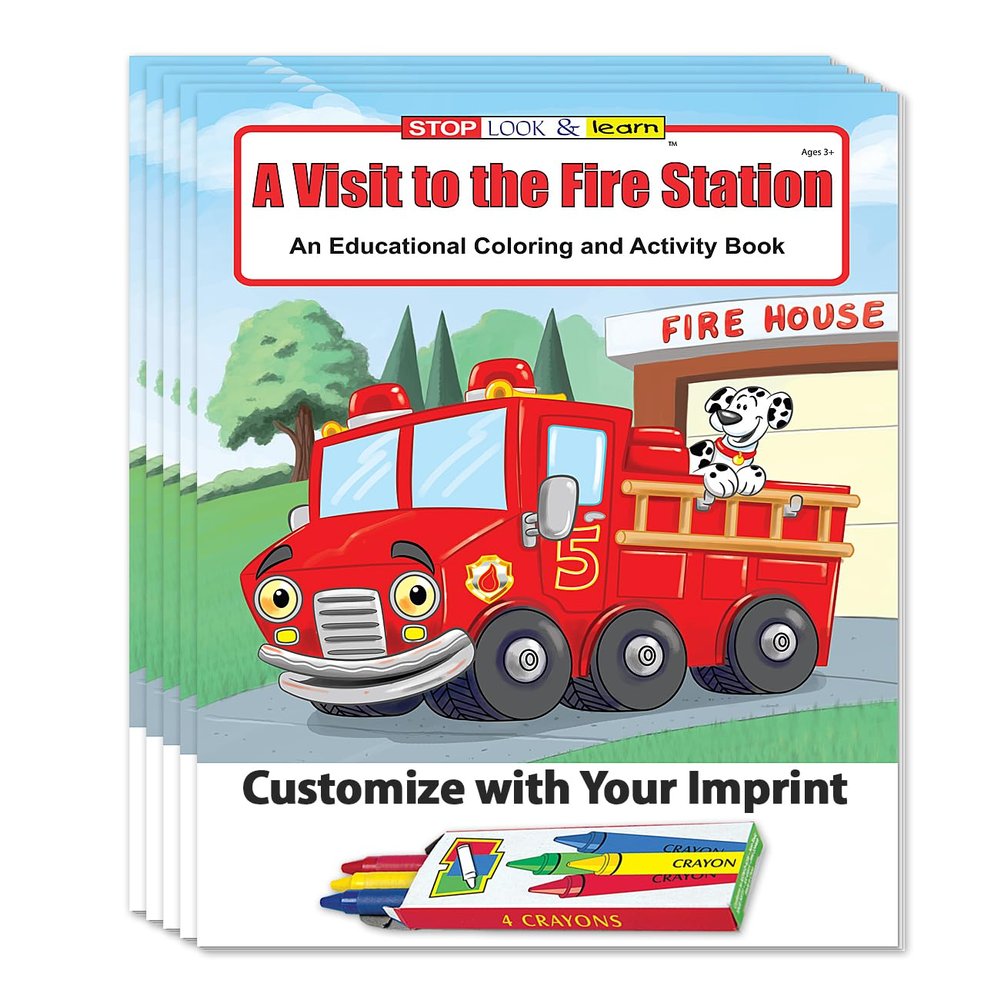ZOCO  A Visit to the Fire Station  Custom Promotional Coloring & Activity Books (250 Bulk Pack, With Crayons)  Fire Safety & Prevention Items for Kids