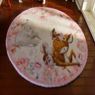 1?12 Scale Lovely Deer Rabbit Pink Round Dollhouse Miniature Rug