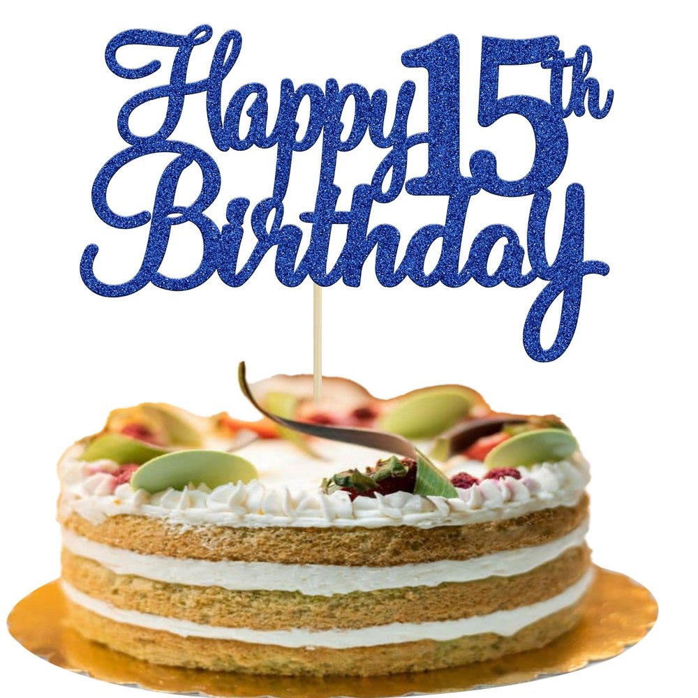 Gyufise 1Pc Happy 15th Birthday Cake Topper Blue Glitter 15th Birthday Cake Pick Cheers to 15 Years Old Fifteen Fabulous Cake Decorations for 15th Birthday Theme Party Supplies