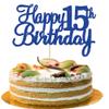 Gyufise 1Pc Happy 15th Birthday Cake Topper Blue Glitter 15th Birthday Cake Pick Cheers to 15 Years Old Fifteen Fabulous Cake Decorations for 15th Birthday Theme Party Supplies view 1