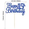 Gyufise 1Pc Happy 15th Birthday Cake Topper Blue Glitter 15th Birthday Cake Pick Cheers to 15 Years Old Fifteen Fabulous Cake Decorations for 15th Birthday Theme Party Supplies view 2