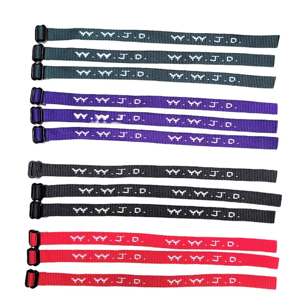 AMERICAN WIT Colorful W.W.J.D. Webbing Bracelets (12 Pack) (What would Jesus do?) Colors: black, army green, purple, bright red Religious Christian Wristband,