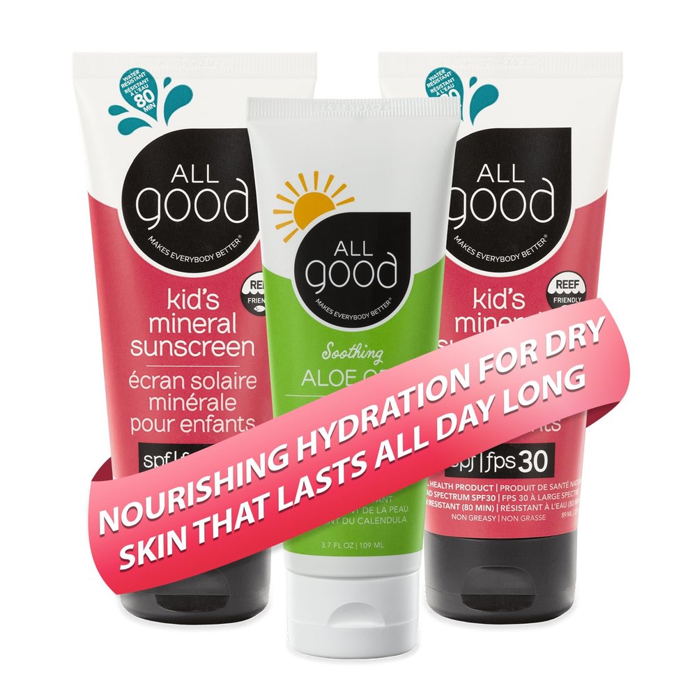 All Good Baby & Kids Sunscreen & Aloe Gel Bundle - UVA/UVB Broad Spectrum, SPF 30, Zinc Oxide, Water Resistant - Includes (2) SPF 30 Kids Sunscreen Lotions and (1) Aloe Gel