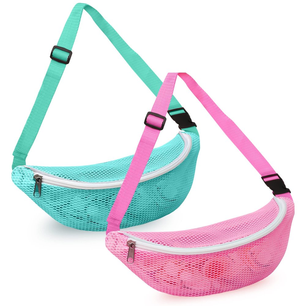 Sea Shell Bags for Picking up Shells Pack of 2 Small Mesh Bag for Beach Toys with Adjustable Strap and Zipper Hunt Treasures with Kids Seashell bag Beach Accessories - Mesh Beach Bag for Sand Toys