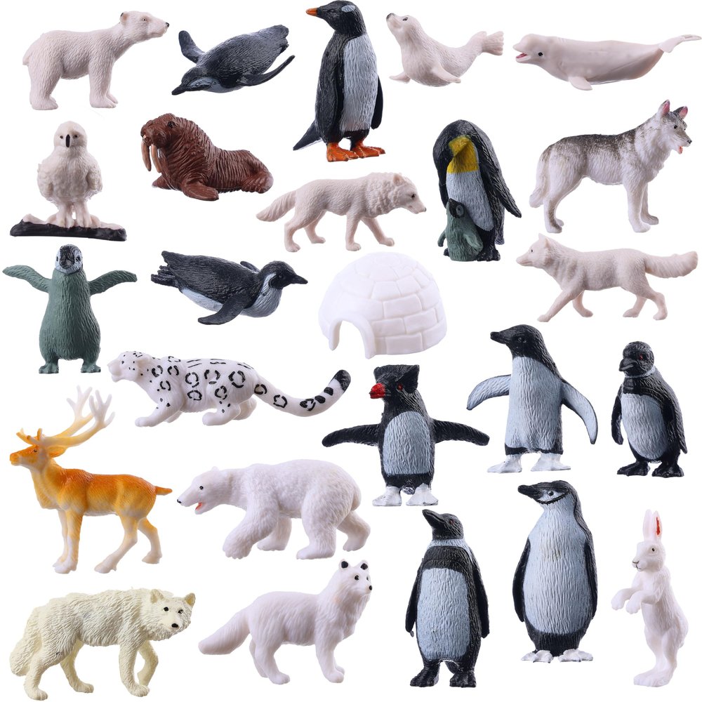 JOKFEICE 25Pcs Small Polar Animals Figurines, Realistic Plastic Polar Bear & Penguin Winter Arctic Animals for Early Educational Birthday Cupcake Topper for Kids