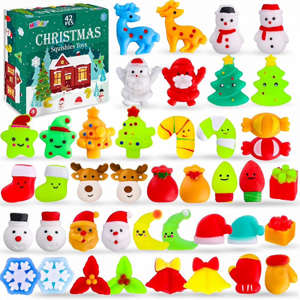 Christmas Goodie Bag Stuffers 42 Pcs Christmas Squishies Toys for Kids Bulk Mochi Squishies Fidget Stress Relief Toy Stocking Stuffers Christmas Party Favors Xmas Gifts